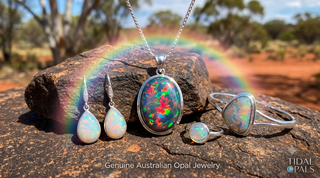 Genuine Australian Opal Jewelry collection featuring black opal pendant, rings, and teardrop earrings with natural rainbow brilliance