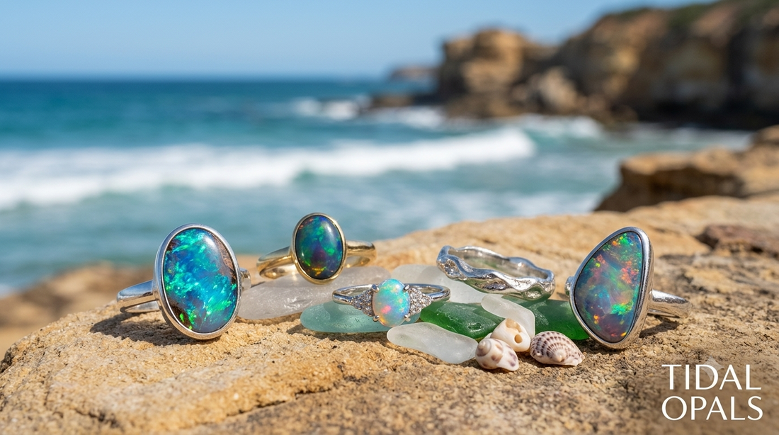 Handcrafted Australian Opal Rings collection featuring boulder opal and silver band settings by Tidal Opals