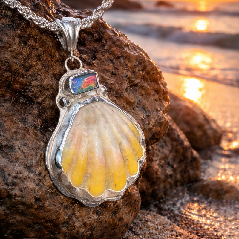 Sunrise Muschel mit australischem Boulder Opal Anhänger Kette