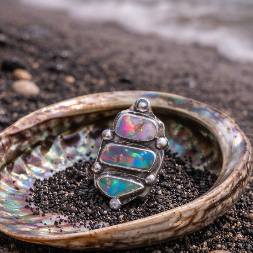 Ocean Fire Trinity Australian Boulder Opal Ring