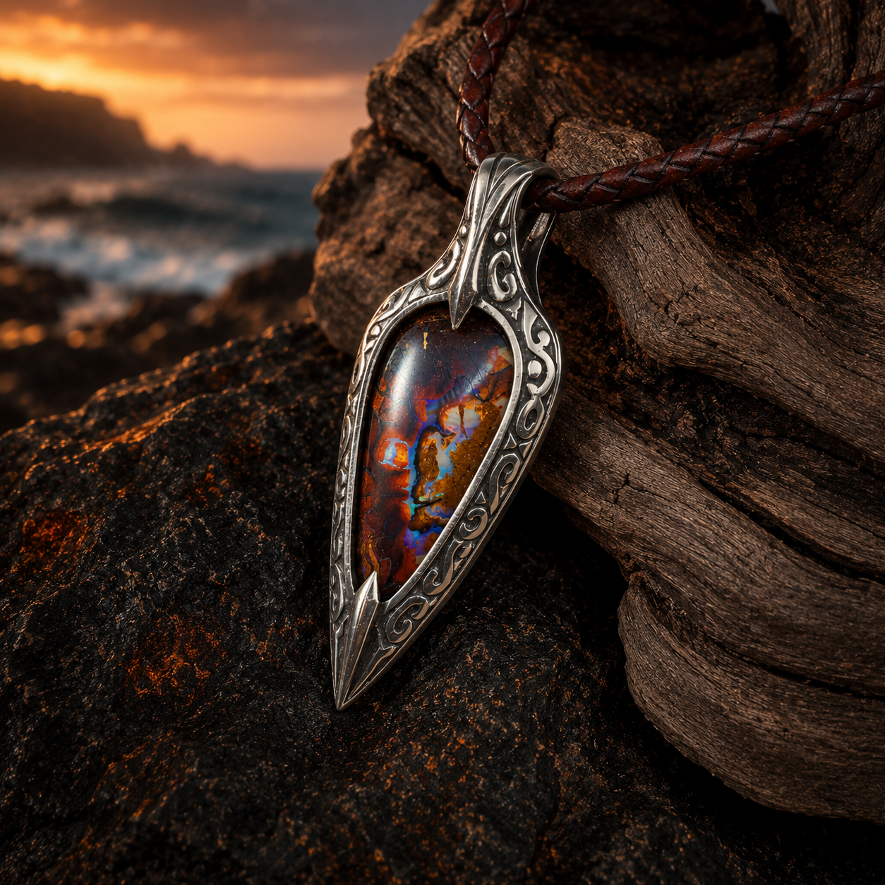 Angled view of the Ember Relic natural boulder opal pendant in a hand-fabricated spear-shaped sterling silver setting.