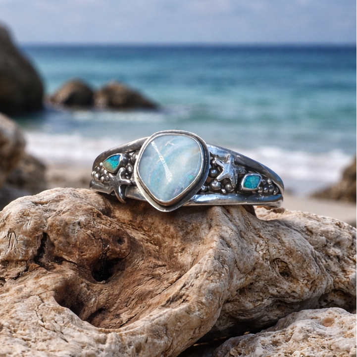 Ocean Inspired Australian Boulder Opal Cuff with Accent Opals + Starfish