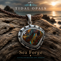 Sea Forge Australian Boulder Opal Pendant handcrafted in sterling silver featuring a genuine 20 × 24 mm Boulder Opal with brilliant blue, green, turquoise, and copper flashes.