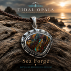 Sea Forge Australian Boulder Opal Pendant handcrafted in sterling silver featuring a genuine 20 × 24 mm Boulder Opal with brilliant blue, green, turquoise, and copper flashes.