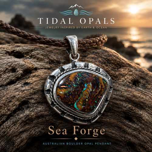 Sea Forge Australian Boulder Opal Pendant handcrafted in sterling silver featuring a genuine 20 × 24 mm Boulder Opal with brilliant blue, green, turquoise, and copper flashes.