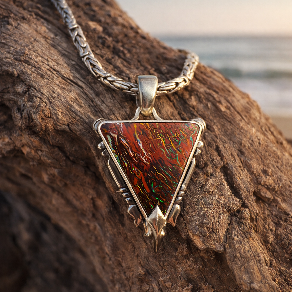 reversible opal trident pendant with ocean blue and green gemstone shine