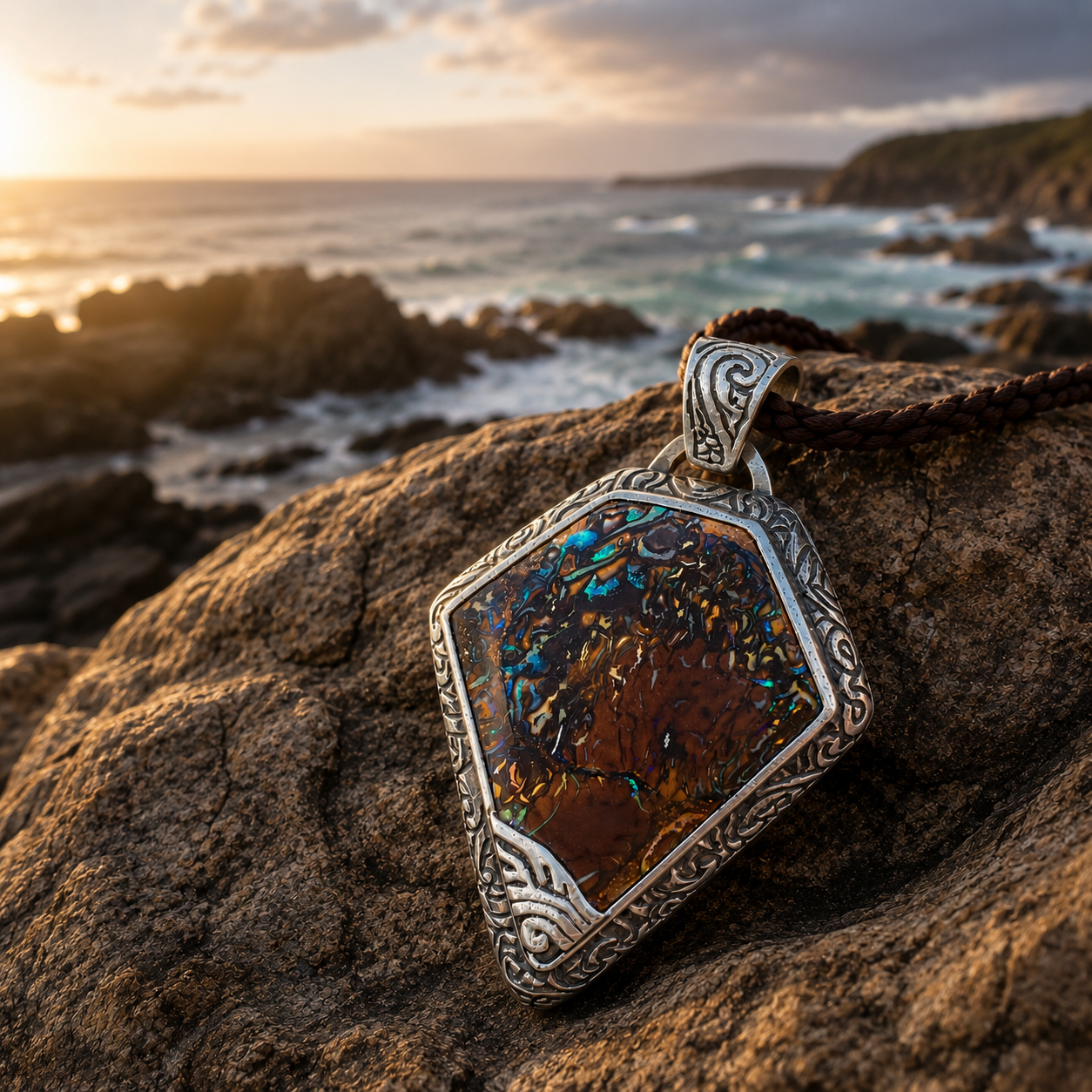 Handcrafted sterling silver pendant featuring a natural Australian Boulder Opal gemstone.