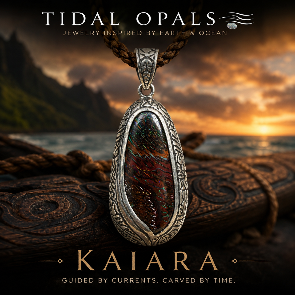 Kaiara Australian Boulder Opal pendant featuring a natural 30 × 12 mm Australian Boulder Opal with brilliant blue and green color play in a handcrafted sterling silver setting with flowing Polynesian-inspired engraving.
