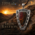 Iron Bastion shield pendant featuring a 38 × 24 mm Australian Koroit Boulder Opal set in solid .925 sterling silver.