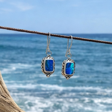 Blue Green Australian Boulder Opal + White Topaz Earrings