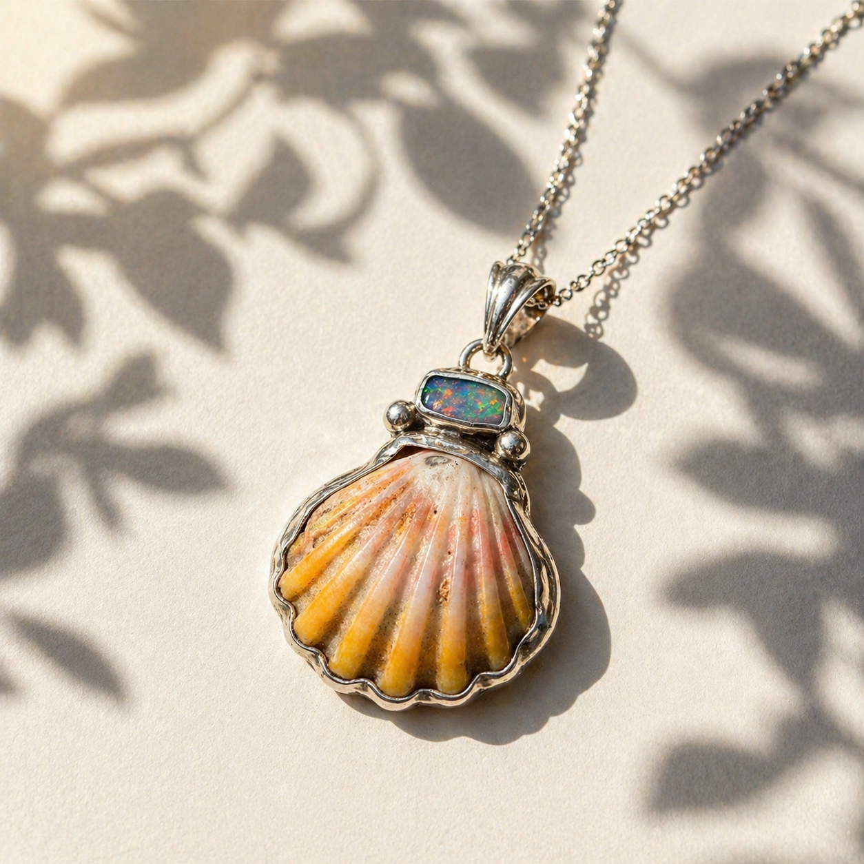 Kai Lā Sunrise Shell and Fire Boulder Opal Pendant