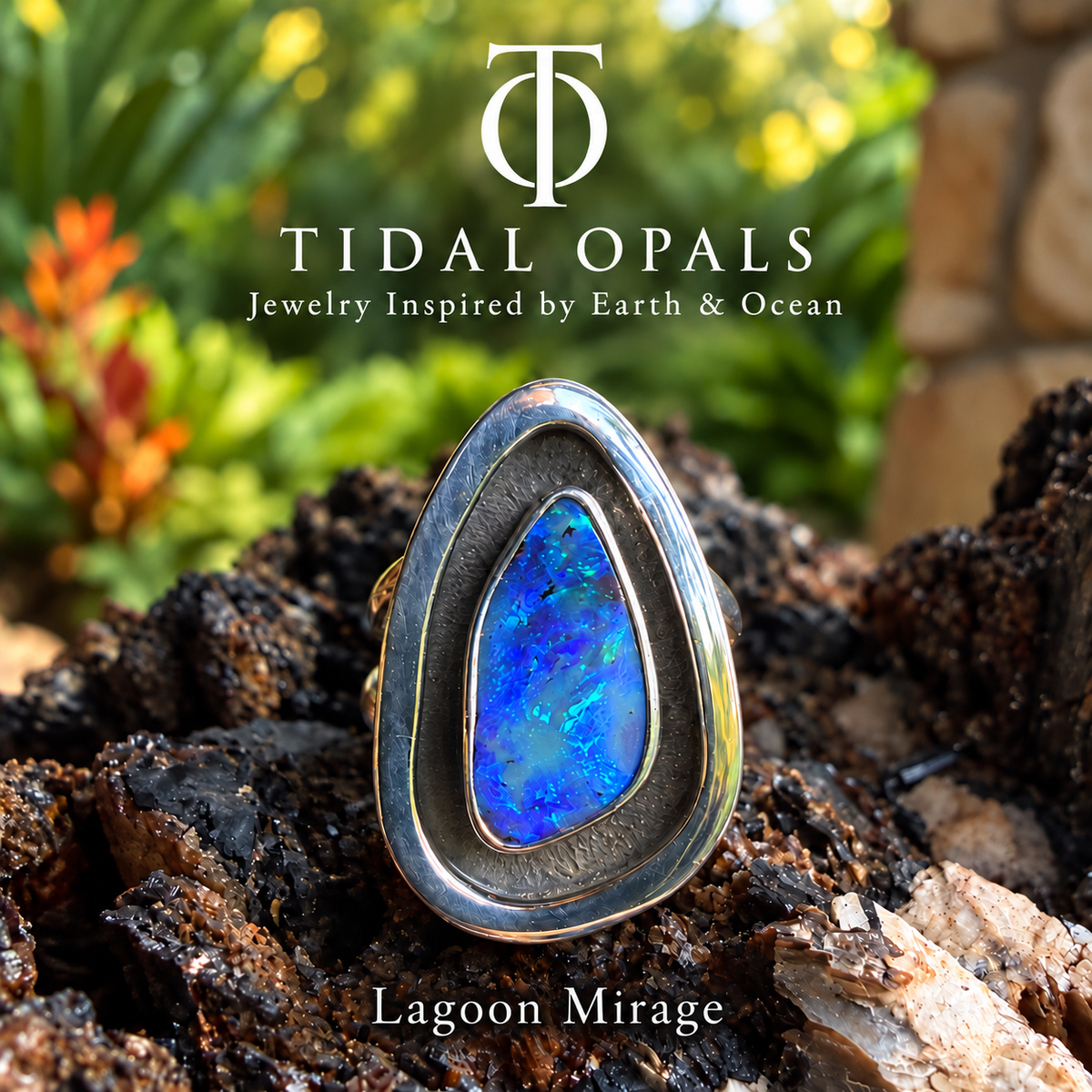 Lagoon Mirage blue and violet boulder opal with aqua and green flashes in a sterling silver shadowbox ring.

