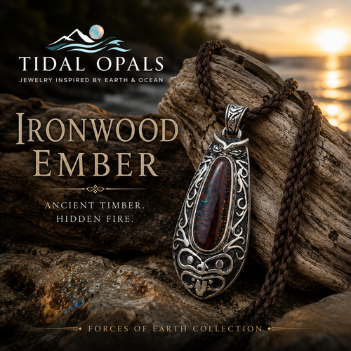 Ironwood Ember Australian Boulder Opal pendant handcrafted in .925 sterling silver with Māori-inspired engraving from the TIDAL OPALS Mariner Collection.