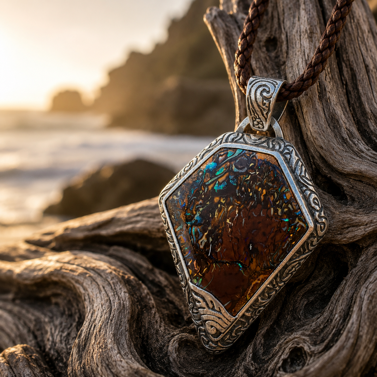 Ancient Veil Australian Boulder Opal pendant handcrafted in .925 sterling silver.