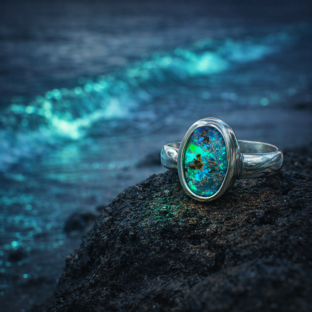 Emerald Bioluminescent Essence - Australian Boulder Opal Ring