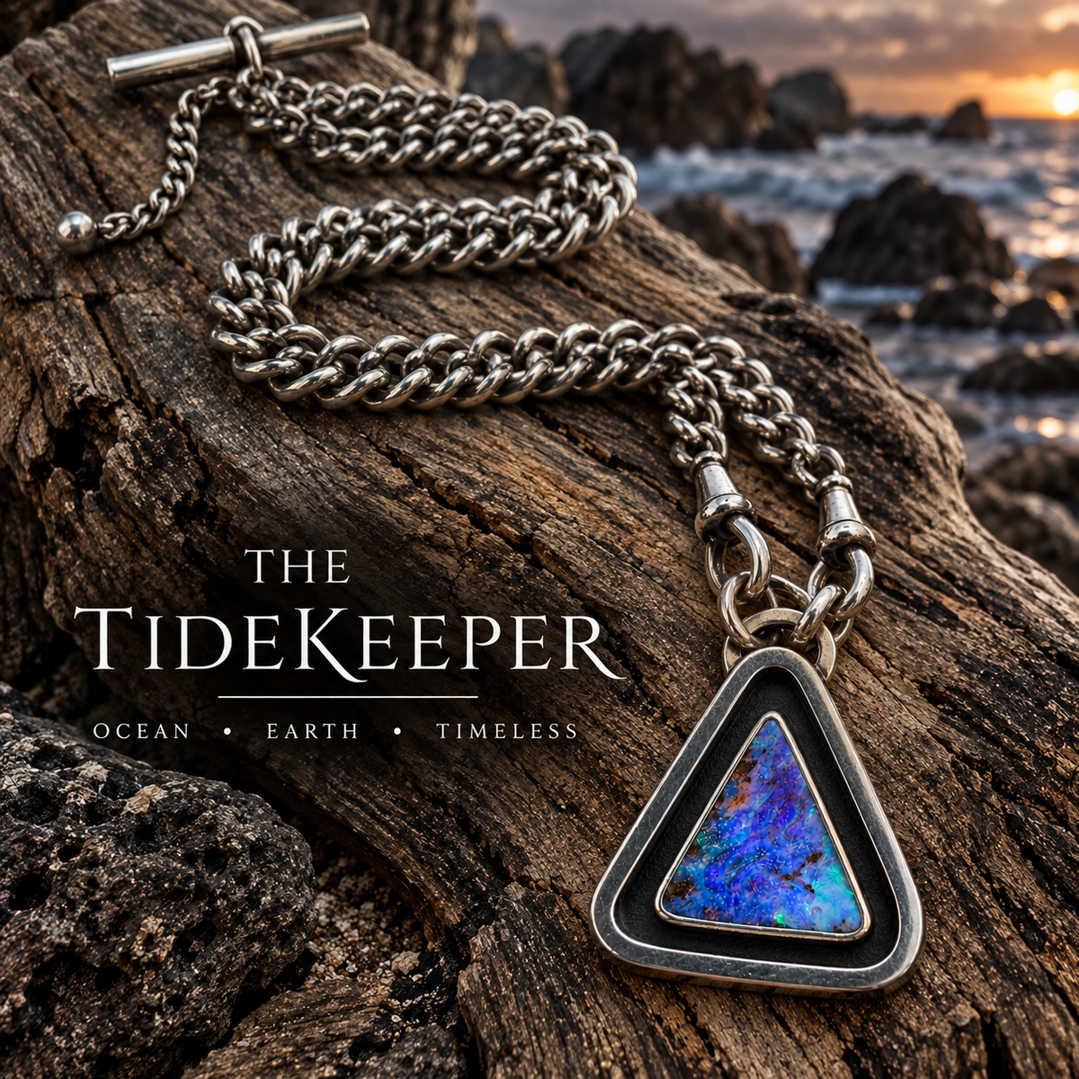 The Tidekeeper — 9.25 ct Australian Boulder Opal & Antique Albert Chain Necklace