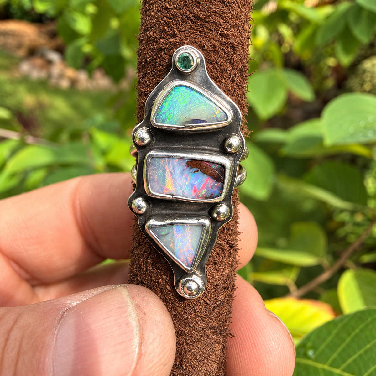 Tidal Totem — Three-Stone Opal Ring with Topaz