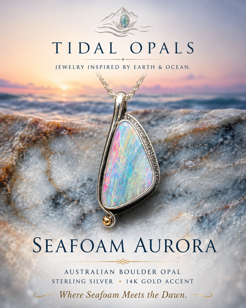 Seafoam Aurora Australian Boulder Opal pendant in sterling silver with 14K gold accent