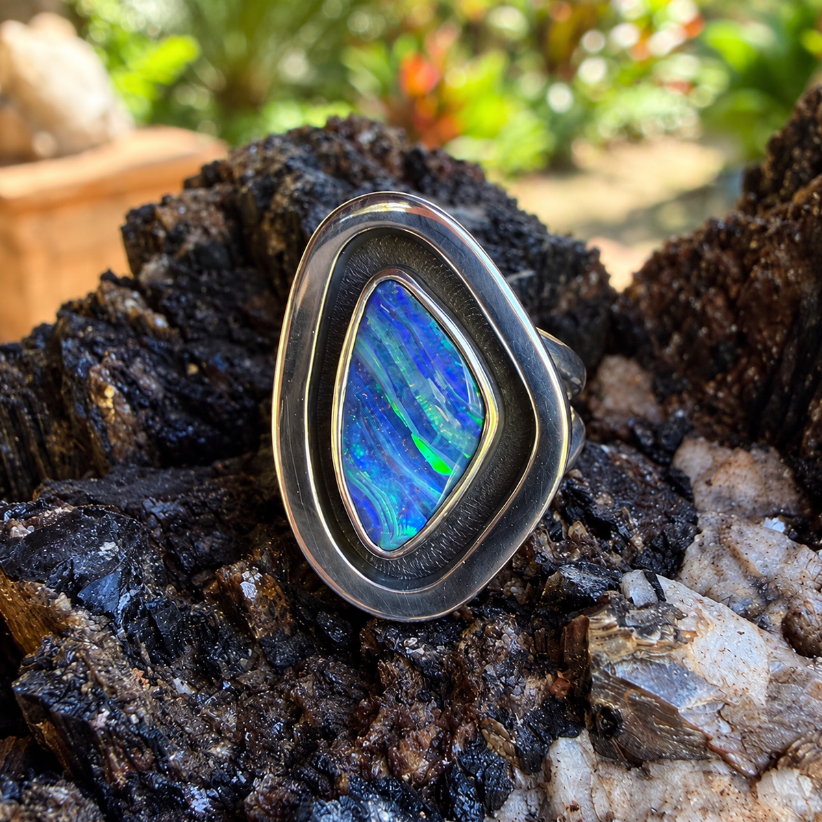 Ribbon Tide – Boulder Opal Shadowbox Ring