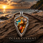 Ocean Current one-of-a-kind Australian Boulder Opal pendant handcrafted in solid .950 silver featuring vivid turquoise, blue, green, orange, gold, and natural Australian ironstone.