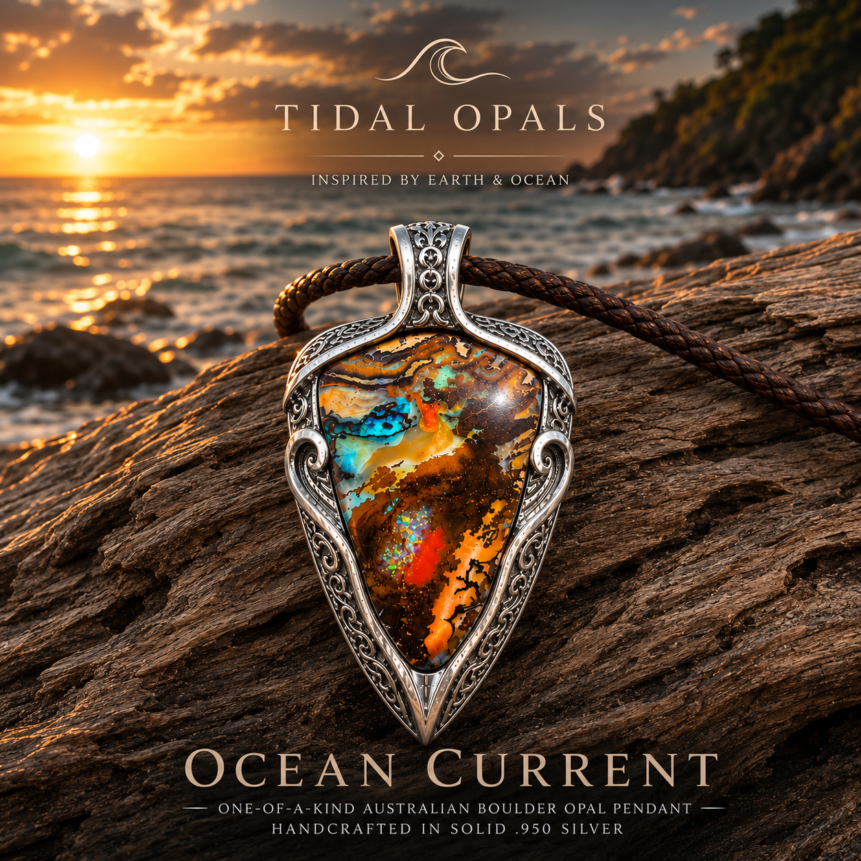 Ocean Current one-of-a-kind Australian Boulder Opal pendant handcrafted in solid .950 silver featuring vivid turquoise, blue, green, orange, gold, and natural Australian ironstone.