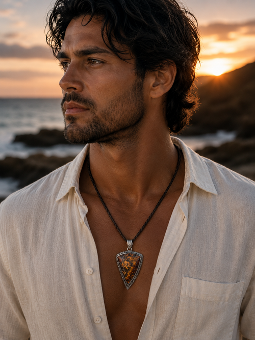 One-of-a-kind Australian Boulder Opal pendant featuring warm amber, caramel, and bronze earth tones.