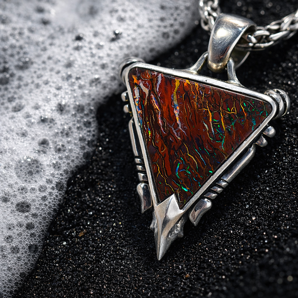 Triangular pendant with multicolored stone on a textured surface