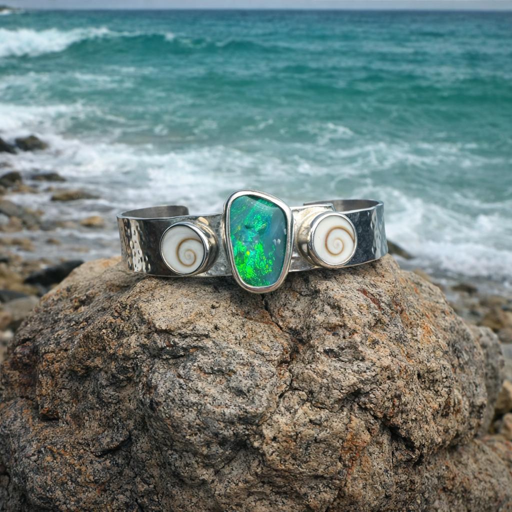 Emerald Tide Australian Green Opal + Shiva Shells Cuff