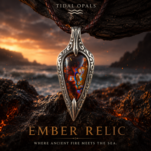 Ember Relic Australian boulder opal pendant photographed against a dramatic volcanic coastline where ancient fire meets the sea.
