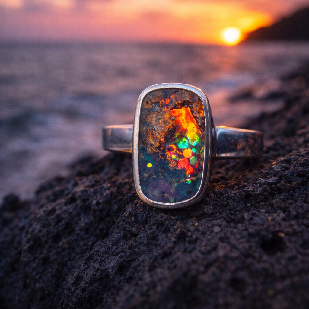 Spectral Tide Relic Ring – Australian Boulder Opal in Sterling Silver
