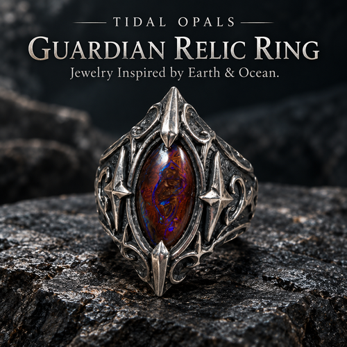 Guardian Tide Relic matching Boulder opal ring and pendant, handcrafted in solid .950 silver and sold separately