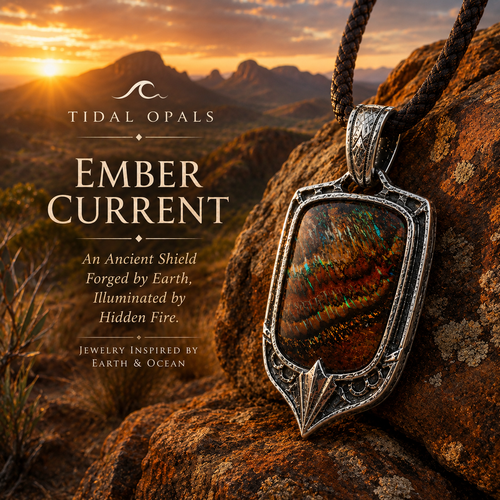 Ember Current Australian Boulder Opal shield pendant featuring vibrant green and blue fire in a handcrafted sterling silver setting by TIDAL OPALS.