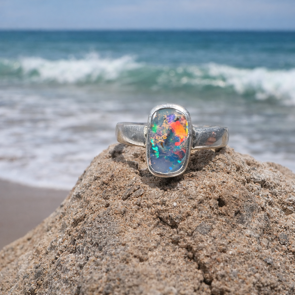 Ocean Fire Australian Queensland Boulder Opal Ring
