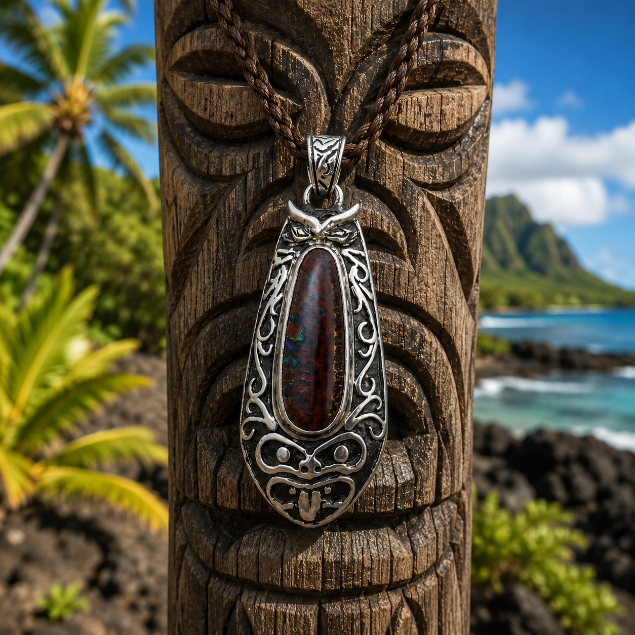 Ironwood Ember Australian Boulder Opal pendant handcrafted in solid .925 sterling silver.