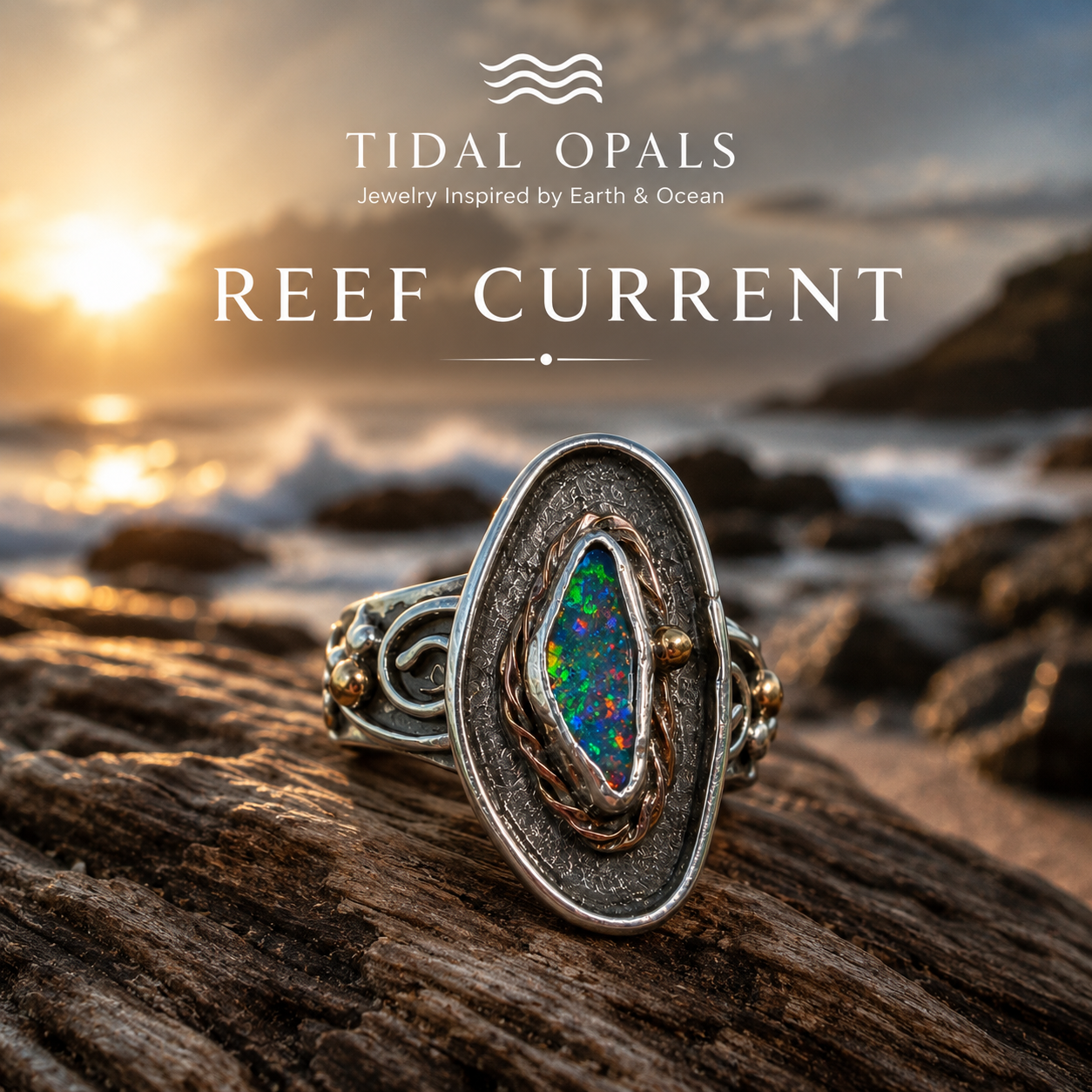 Reef Current handcrafted Australian Boulder Opal ring in .925 sterling silver with a 14K gold rope bezel and gold accents displayed on weathered driftwood.