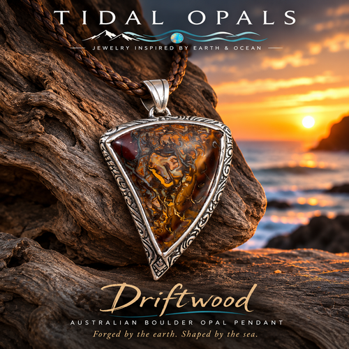 Driftwood Australian Boulder Opal pendant handcrafted in solid .925 sterling silver with natural ironstone patterns.