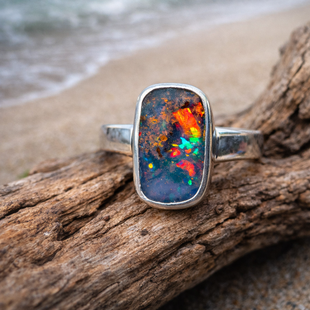 Spectral Tide Relic Ring – Australian Boulder Opal in Sterling Silver
