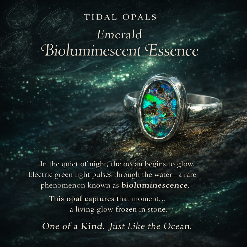 Emerald Bioluminescent Essence - Australian Boulder Opal Ring