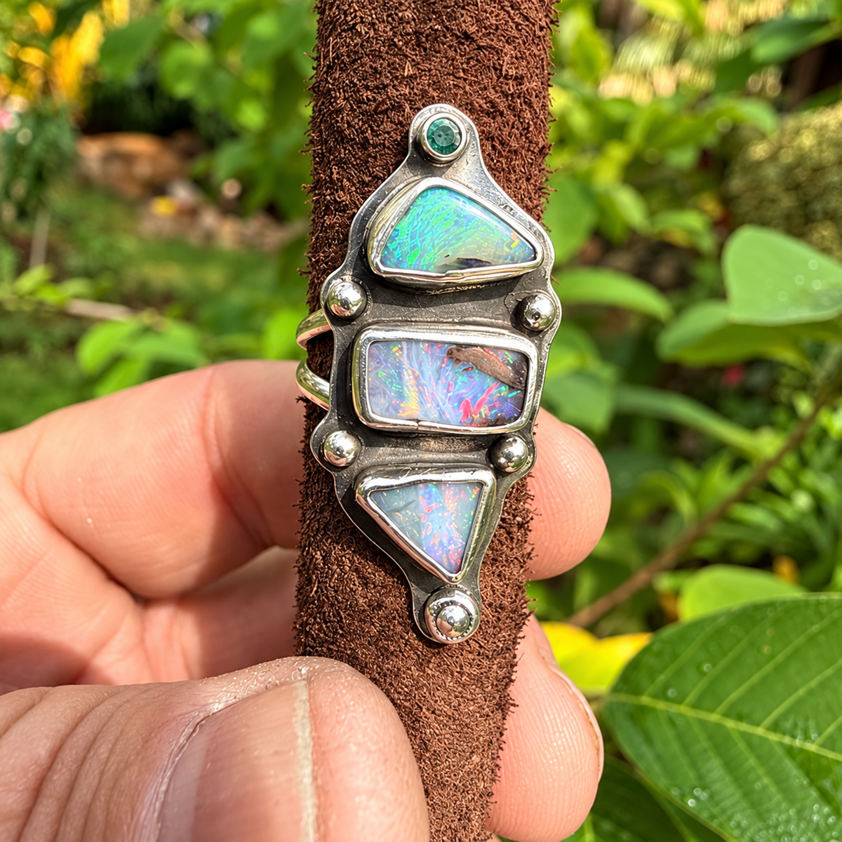 Tidal Totem — Three-Stone Opal Ring with Topaz