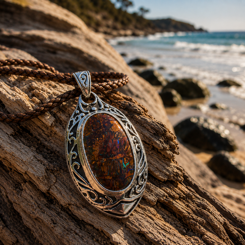 Ancient Current Australian Boulder Opal pendant handcrafted in sterling silver featuring vibrant blue and green flashes against natural ironstone.