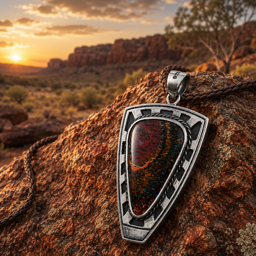 Handcrafted Australian Koroit Boulder Opal pendant with rich ironstone patterns and vibrant green and blue flashes.