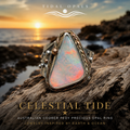 Celestial Tide handcrafted Australian crystal opal ring in .925 sterling silver with a 14K gold rope bezel, gold accents, and sculpted starfish.