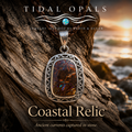 Coastal Relic handcrafted Australian boulder opal pendant in sterling silver featuring an intricately engraved openwork frame and vibrant blue flashes in natural ironstone.