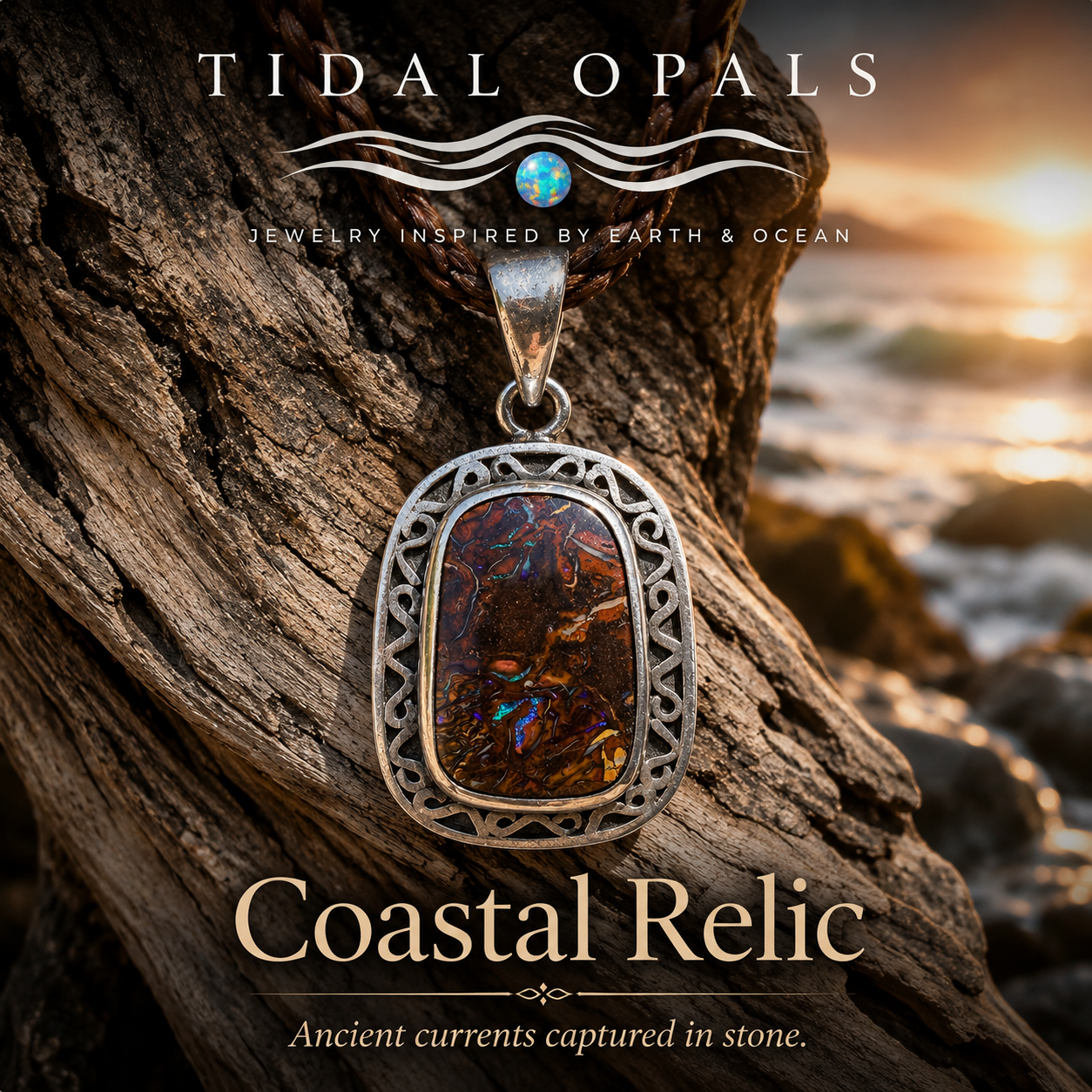 Coastal Relic handcrafted Australian boulder opal pendant in sterling silver featuring an intricately engraved openwork frame and vibrant blue flashes in natural ironstone.