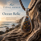Ocean Relic Australian Koroit Boulder Opal pendant handcrafted in sterling silver resting on a coastal beach at sunset.