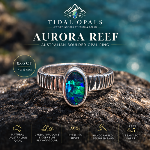 Aurora Reef Australian boulder opal ring on dark coastal rock, with a green, turquoise and blue oval stone and handcrafted textured silver band.