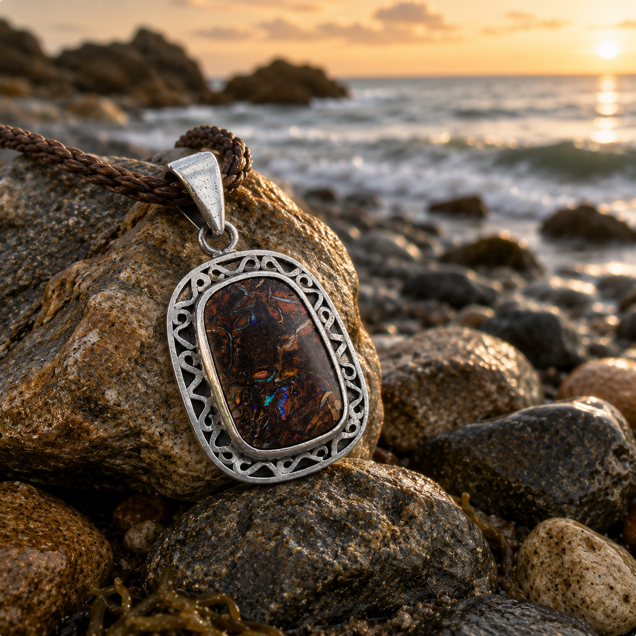 Coastal Relic handcrafted Australian boulder opal pendant in sterling silver featuring an intricately engraved openwork frame
