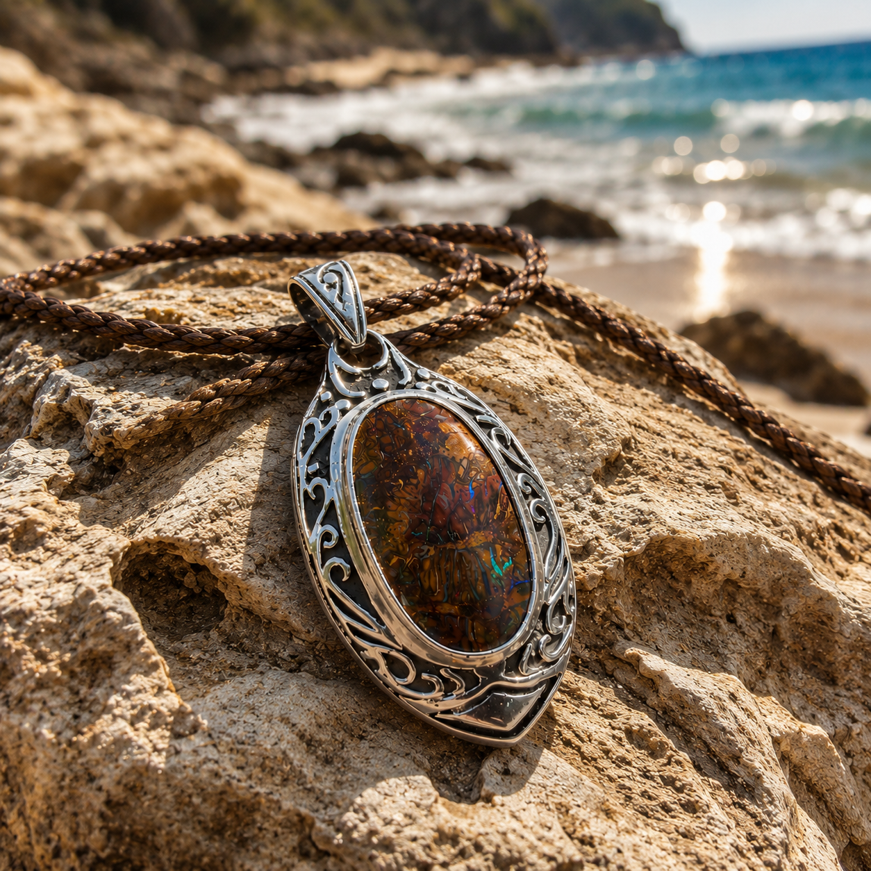 Front view of the Ancient Current Australian Boulder Opal pendant with handcrafted sterling silver Koru-inspired scrollwork.