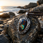 Australian Boulder Opal pendant with blue and green color play in sterling silver setting.