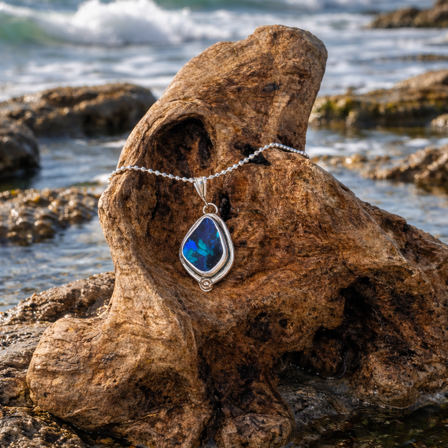 Australian Boulder Opal Tidepool Ember Pendant Necklace